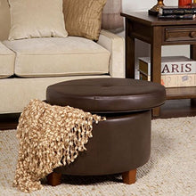 Load image into Gallery viewer, HomePop Round Leatherette Storage Ottoman with Lid, Chocolate Brown
