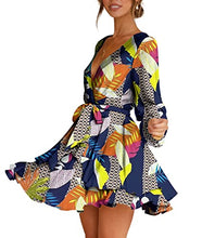Load image into Gallery viewer, Womens Long Sleeve Dress Deep V-Neck Tie Waist Cocktail Dresses Navy L
