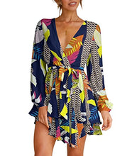 Load image into Gallery viewer, Womens Long Sleeve Dress Deep V-Neck Tie Waist Cocktail Dresses Navy L
