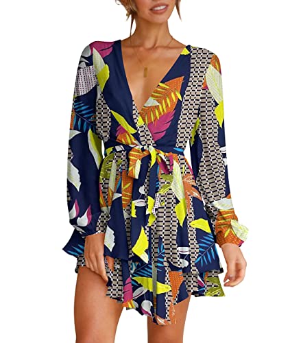 Womens Long Sleeve Dress Deep V-Neck Tie Waist Cocktail Dresses Navy L