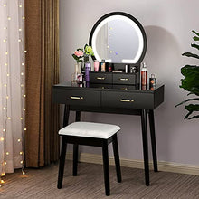 Load image into Gallery viewer, Vanity Desk with Lighted Mirror - Vanity Table Makeup Vanity with Lights, 3 Color Lighting Modes Adjustable Brightness, 4 Drawers Makeup Table with Soft Cushioned Stool for Bedroom Studio, Black
