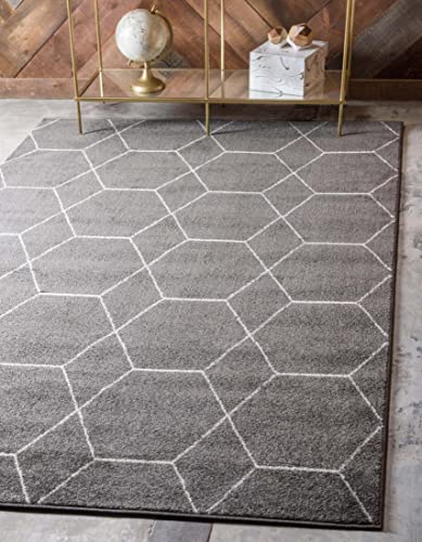 Unique Loom Trellis Frieze Collection Area Rug-Modern Morroccan Inspired Geometric Lattice Design, 6 x 9 ft, Dark Gray/Ivory