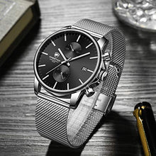 Load image into Gallery viewer, Men’s Watch Fashion Sleek Minimalist Quartz Analog Mesh Stainless Steel Waterproof Chronograph Watches, Auto Date in Black Face, Color: Silver Black

