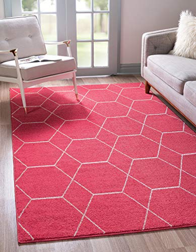 Unique Loom Trellis Frieze Collection Area Rug-Modern Morroccan Inspired Geometric Lattice Design, 6 x 9 ft, Pink/Ivory