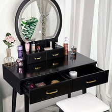 Load image into Gallery viewer, Vanity Desk with Lighted Mirror - Vanity Table Makeup Vanity with Lights, 3 Color Lighting Modes Adjustable Brightness, 4 Drawers Makeup Table with Soft Cushioned Stool for Bedroom Studio, Black
