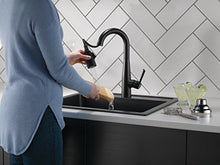 Load image into Gallery viewer, Delta Faucet Essa Matte Black Bar Faucet with Pull Down Sprayer, Black Bar Sink Faucet Single Hole, Wet Bar Faucets Single Hole, Prep Sink Faucet, Black Kitchen Faucet, Matte Black 9913-BL-DST
