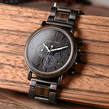 Load image into Gallery viewer, BOBO BIRD Mens Wooden Watches Business Casual Wristwatches Stylish Ebony Wood &amp; Stainless Steel Combined Chronograph with Wooden Box (Grey)
