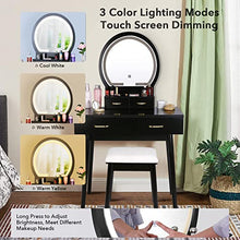 Load image into Gallery viewer, Vanity Desk with Lighted Mirror - Vanity Table Makeup Vanity with Lights, 3 Color Lighting Modes Adjustable Brightness, 4 Drawers Makeup Table with Soft Cushioned Stool for Bedroom Studio, Black
