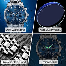 Load image into Gallery viewer, Men&#39;s Diamond Watches Blue Dial Roman numerals Chronograph Watches for Men Stainless Steel Band Fashion Luminous Hands Multi-Function Quartz Watches Water Resistant Silver Tone Men Watch with Date
