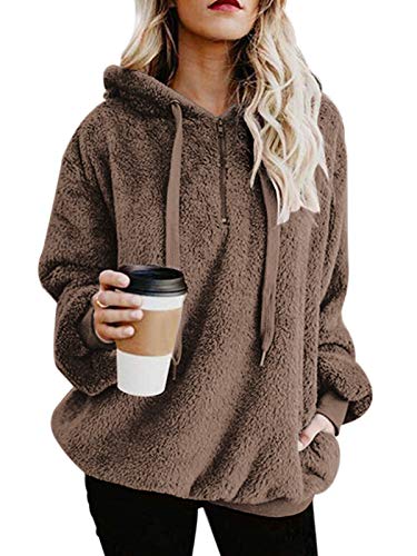 Century Star Womens Oversized Long Sleeve Casual Pullover Sweatshirt Fuzzy Hoodie Pockets Brown Small