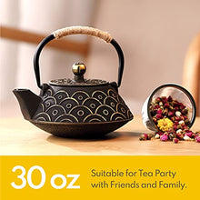 Load image into Gallery viewer, VUDECO Japanese Teapot Cast Iron Tea Kettle with Infuser Japanese Tea Set Tea Pots with Infusers for Loose Tea Kettle Set Cast Iron Tea Kettle Stove Top Safe- Black with Gold Wave Pattern 30oz / 900ml
