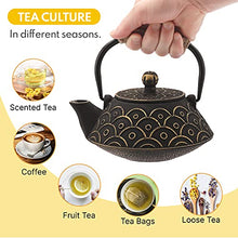 Load image into Gallery viewer, VUDECO Japanese Teapot Cast Iron Tea Kettle with Infuser Japanese Tea Set Tea Pots with Infusers for Loose Tea Kettle Set Cast Iron Tea Kettle Stove Top Safe- Black with Gold Wave Pattern 30oz / 900ml
