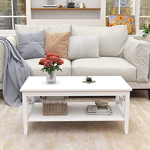 ChooChoo Coffee Table Classic X Design for Living Room, Rectangular Modern Cocktail Table with Storage Shelf, 39 Inch (White)