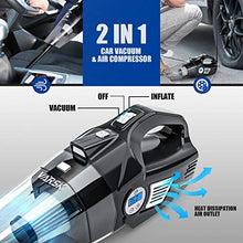 Load image into Gallery viewer, VARSK 4-in-1 Car Vacuum Cleaner, Tire Inflator Portable Air Compressor with Digital Tire Pressure Gauge LCD Display and LED Light, 12V DC Air Compressor Pump, 15FT Cord, Bonus HEPA Filter and Nozzles
