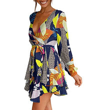 Load image into Gallery viewer, Womens Long Sleeve Dress Deep V-Neck Tie Waist Cocktail Dresses Navy L
