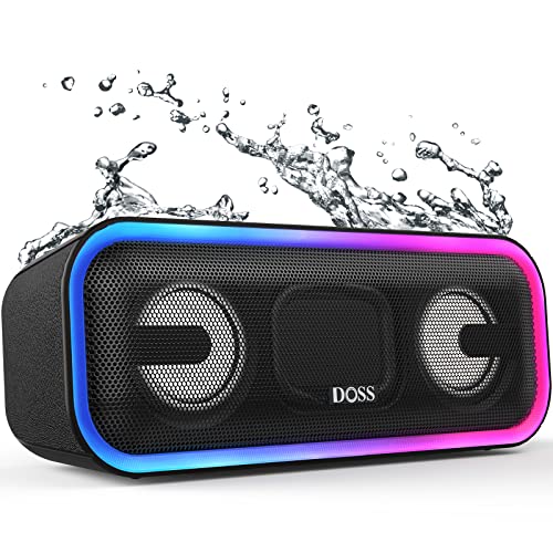 Bluetooth Speaker, DOSS SoundBox Pro+ Wireless Pairing Speaker with 24W Stereo Sound, Punchy Bass, IPX6 Waterproof, 15Hrs Playtime, Multi-Colors Lights, for Home,Outdoor-Black