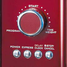 Load image into Gallery viewer, Nostalgia RMO4RR Retro Large 0.9 cu ft, 800-Watt Countertop Microwave Oven, 12 Pre-Programmed Cooking Settings, Digital Clock, Easy Clean Interior, Metallic Red
