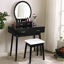 Load image into Gallery viewer, Vanity Desk with Lighted Mirror - Vanity Table Makeup Vanity with Lights, 3 Color Lighting Modes Adjustable Brightness, 4 Drawers Makeup Table with Soft Cushioned Stool for Bedroom Studio, Black
