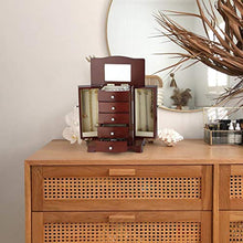 Load image into Gallery viewer, RR ROUND RICH DESIGN Jewelry Box - Made of Solid Wood with Tower Style 4 Drawers Organizer and 2 Separated Open Doors on 2 Sides and Large Mirror Brown
