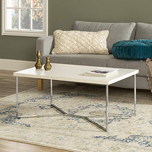 Walker Edison Mid Century Modern Marble Gold Rectangle Coffee Table Living Room Accent Ottoman Storage Shelf, 42 Inch, Marble and Silver