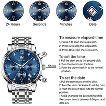 Load image into Gallery viewer, Men&#39;s Diamond Watches Blue Dial Roman numerals Chronograph Watches for Men Stainless Steel Band Fashion Luminous Hands Multi-Function Quartz Watches Water Resistant Silver Tone Men Watch with Date
