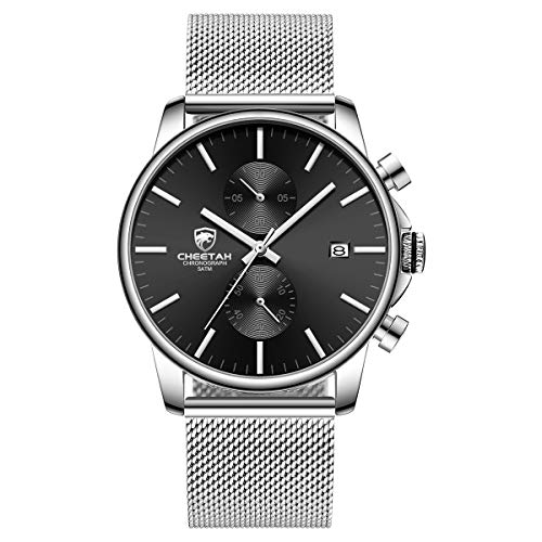 Men’s Watch Fashion Sleek Minimalist Quartz Analog Mesh Stainless Steel Waterproof Chronograph Watches, Auto Date in Black Face, Color: Silver Black