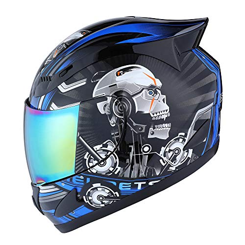 1STORM Motorcycle Bike Full FACE Helmet Mechanic Skull - Tinted Visor Blue