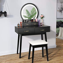 Load image into Gallery viewer, Vanity Desk with Lighted Mirror - Vanity Table Makeup Vanity with Lights, 3 Color Lighting Modes Adjustable Brightness, 4 Drawers Makeup Table with Soft Cushioned Stool for Bedroom Studio, Black
