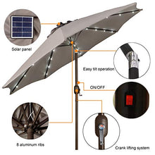 Load image into Gallery viewer, Blissun 9 ft Solar Umbrella, 32 LED Lighted Patio Umbrella, Table Market Umbrella, Outdoor Umbrella for Garden, Deck, Backyard, Pool and Beach (Grey)
