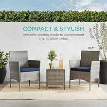 Load image into Gallery viewer, Best Choice Products 3-Piece Outdoor Wicker Conversation Bistro Set, Space Saving Patio Furniture for Yard, Garden w/ 2 Chairs, 2 Cushions, Side Storage Table - Gray/Navy
