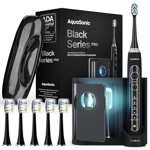 Aquasonic Black Series PRO – Ultra Whitening Toothbrush w UV Sanitizing Base – 5 Modes & Smart Timers – Premium Travel Case – Power Toothbrush – ADA Approved Toothbrush