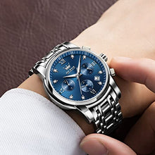 Load image into Gallery viewer, Men&#39;s Diamond Watches Blue Dial Roman numerals Chronograph Watches for Men Stainless Steel Band Fashion Luminous Hands Multi-Function Quartz Watches Water Resistant Silver Tone Men Watch with Date
