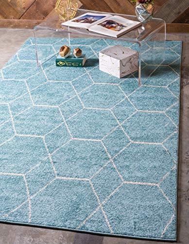 Unique Loom Trellis Frieze Collection Area Rug-Modern Morroccan Inspired Geometric Lattice Design, 6 x 9 ft, Light Blue/Ivory