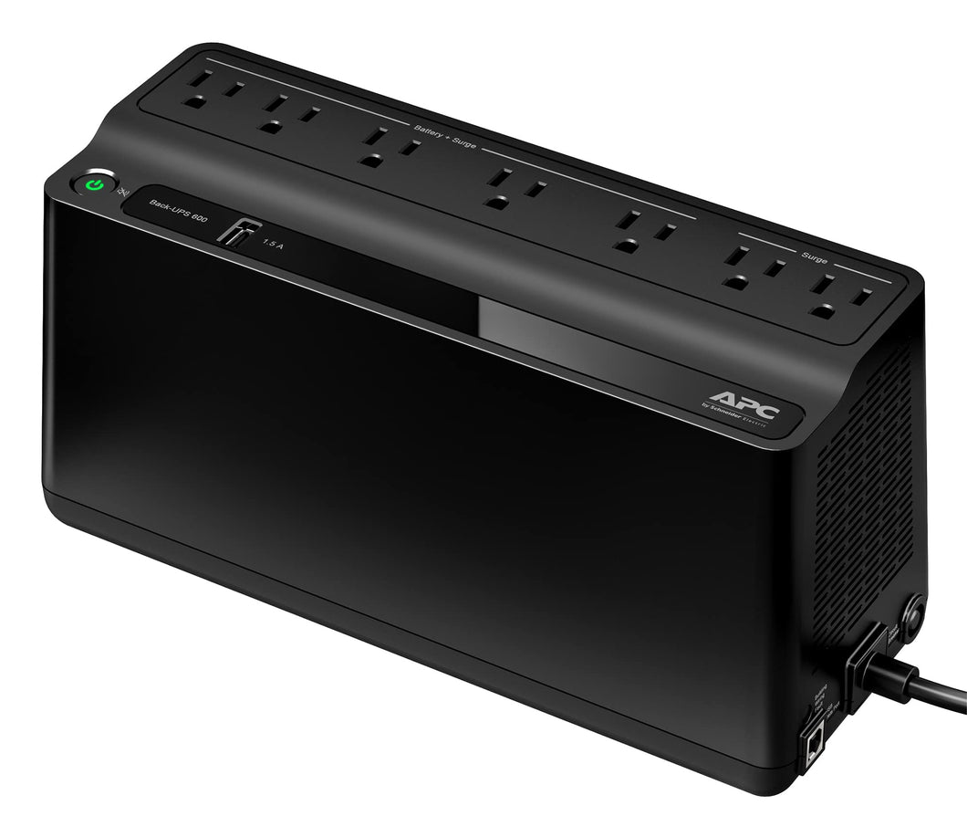 APC UPS Battery Backup and Surge Protector, 600VA Backup Battery Power Supply, BE600M1 Back-UPS with USB Charger Port