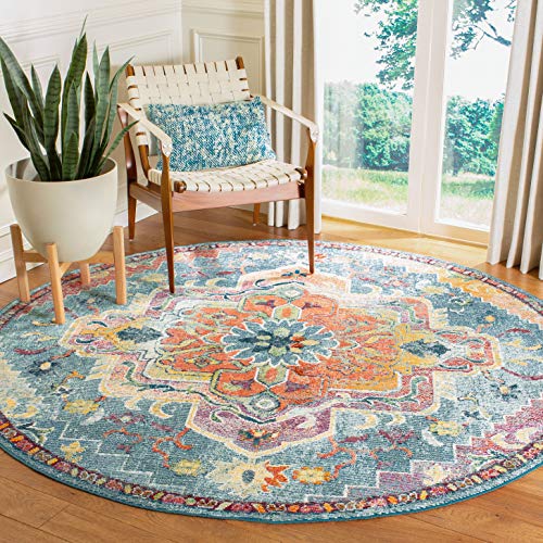 SAFAVIEH Crystal Collection CRS501J Boho Chic Oriental Medallion Distressed Non-Shedding Dining Room Entryway Foyer Living Room Bedroom Area Rug, 7' x 7' Round, Teal / Orange