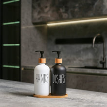 Load image into Gallery viewer, MOMEEMO Glass Soap Dispenser Set, Contains Hand Soap and Dish Soap Dispenser.Suitable for Kitchen Decor. (Black &amp; White)
