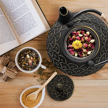 Load image into Gallery viewer, VUDECO Japanese Teapot Cast Iron Tea Kettle with Infuser Japanese Tea Set Tea Pots with Infusers for Loose Tea Kettle Set Cast Iron Tea Kettle Stove Top Safe- Black with Gold Wave Pattern 30oz / 900ml
