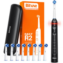 Load image into Gallery viewer, Bitvae R2 Rotating Electric Toothbrush for Adults with 8 Brush Heads, Travel Case, 5 Modes Rechargeable Power Toothbrush with Pressure Sensor, 3 Hours Fast Charge for 30 Days, Black
