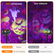 Load image into Gallery viewer, Halloween Christmas Projector Lights Outdoor 14 HD Slides (3D Ocean Wave +Patterns) LED Landscape Lights Waterproof Holiday Projector Lights Xmas Halloween Decorations Projector for Yard Garden
