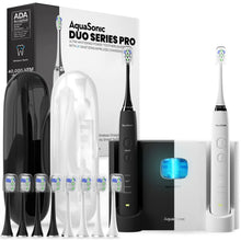 Load image into Gallery viewer, AquaSonic DUO PRO – Ultra Whitening 40,000 VPM Electric ToothBrushes – ADA Accepted - 4 Modes with Smart Timers - UV Sanitizing &amp; Wireless Charging Base - 10 ProFlex Brush Heads &amp; 2 Travel Cases
