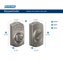 Load image into Gallery viewer, Schlage BE365 V CAM 619 Camelot Keypad Deadbolt, Electronic Keyless Entry Lock, Satin Nickel
