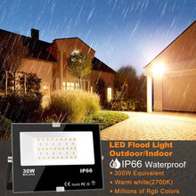 Load image into Gallery viewer, MELPO LED Flood Light Outdoor, 300W Equivalent 3000LM Smart RGB Landscape Lighting with APP Control, DIY Scenes - Timing - Warm White 2700K - Color Changing Uplight, IP66 Waterproof US Plug (4 Pack)
