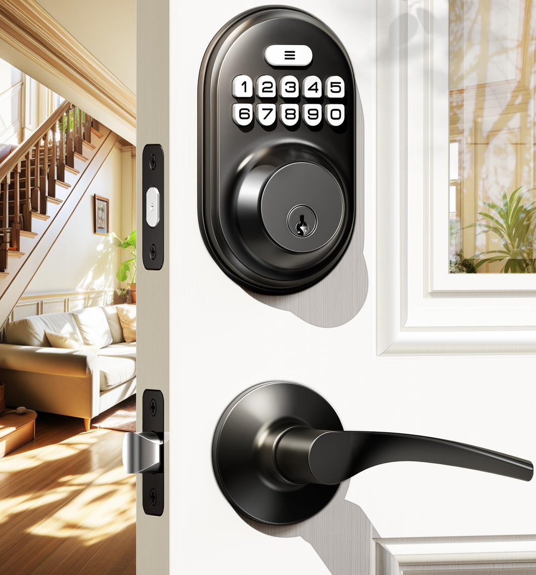 Veise Keyless Entry Door Lock with 2 Lever Handles - Electronic Keypad Deadbolt, Auto Lock, Back Lit & Easy Installation Design, Front Door Handle Sets,Matte Black
