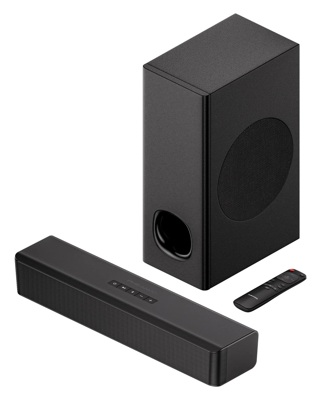 PHEANOO 2.1 Compact Sound Bars for TV with Subwoofer, HDMI ARC/Bluetooth 5.0/Optical/AUX/RCA Connection, Remote Control, Adjustable Bass, Wall Mountable – P15, 140W, 16 inch