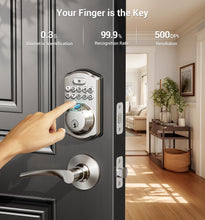 Load image into Gallery viewer, Veise Fingerprint Door Lock with 2 Lever Handles - Keyless Entry Door Lock, Electronic Keypad Deadbolt &amp; Front Door Lock Handle Sets, Auto Lock &amp; 1 Touch Locking, Easy Installation, Satin Nickel
