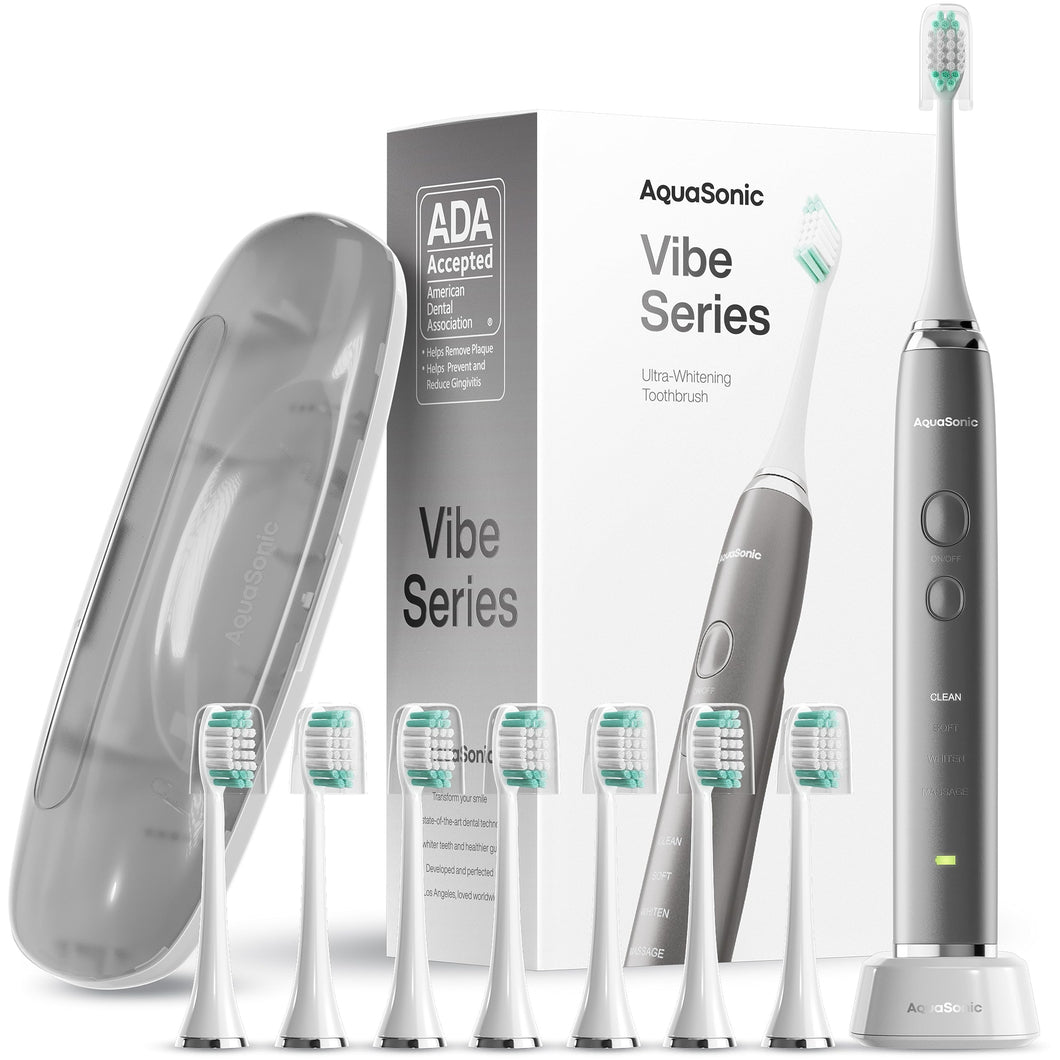 Aquasonic Vibe Series Ultra-Whitening Toothbrush – ADA Accepted Power Toothbrush - 8 Brush Heads & Travel Case – 40,000 VPM Motor & Wireless Charging - 4 Modes w Smart Timer – Charcoal Metallic