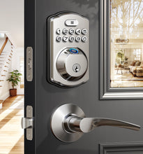Load image into Gallery viewer, Veise Fingerprint Door Lock with 2 Lever Handles - Keyless Entry Door Lock, Electronic Keypad Deadbolt &amp; Front Door Lock Handle Sets, Auto Lock &amp; 1 Touch Locking, Easy Installation, Satin Nickel
