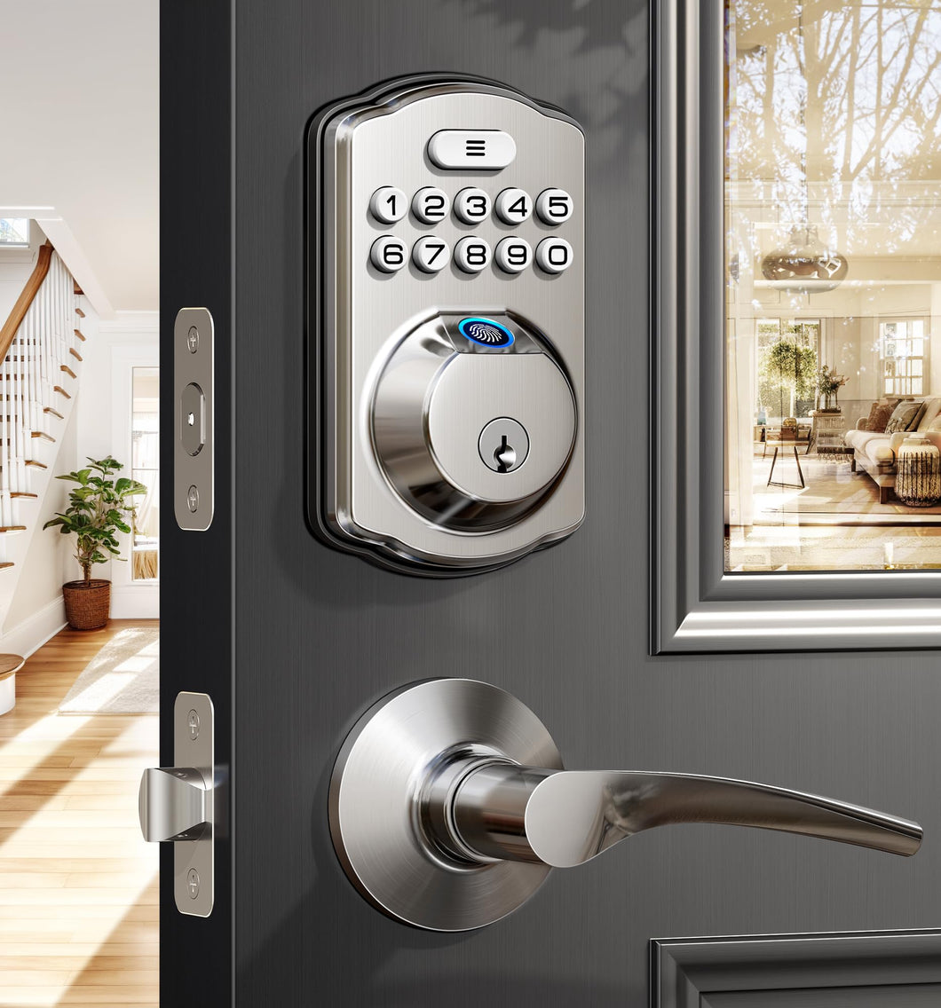 Veise Fingerprint Door Lock with 2 Lever Handles - Keyless Entry Door Lock, Electronic Keypad Deadbolt & Front Door Lock Handle Sets, Auto Lock & 1 Touch Locking, Easy Installation, Satin Nickel