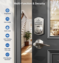 Load image into Gallery viewer, Veise Fingerprint Door Lock with 2 Lever Handles - Keyless Entry Door Lock, Electronic Keypad Deadbolt &amp; Front Door Lock Handle Sets, Auto Lock &amp; 1 Touch Locking, Easy Installation, Satin Nickel
