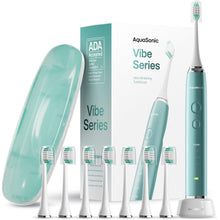 Load image into Gallery viewer, Aquasonic Vibe Series Ultra-Whitening Toothbrush – ADA Accepted Power Toothbrush - 8 Brush Heads &amp; Travel Case – 40,000 VPM Motor &amp; Wireless Charging - 4 Modes w Smart Timer – Mint Green Metallic
